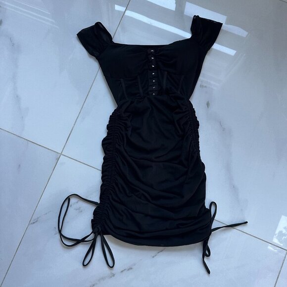 SHEIN | Black Corset Ruched Mini Dress | Small | Adjustable Tie Sides - Picture 2 of 16